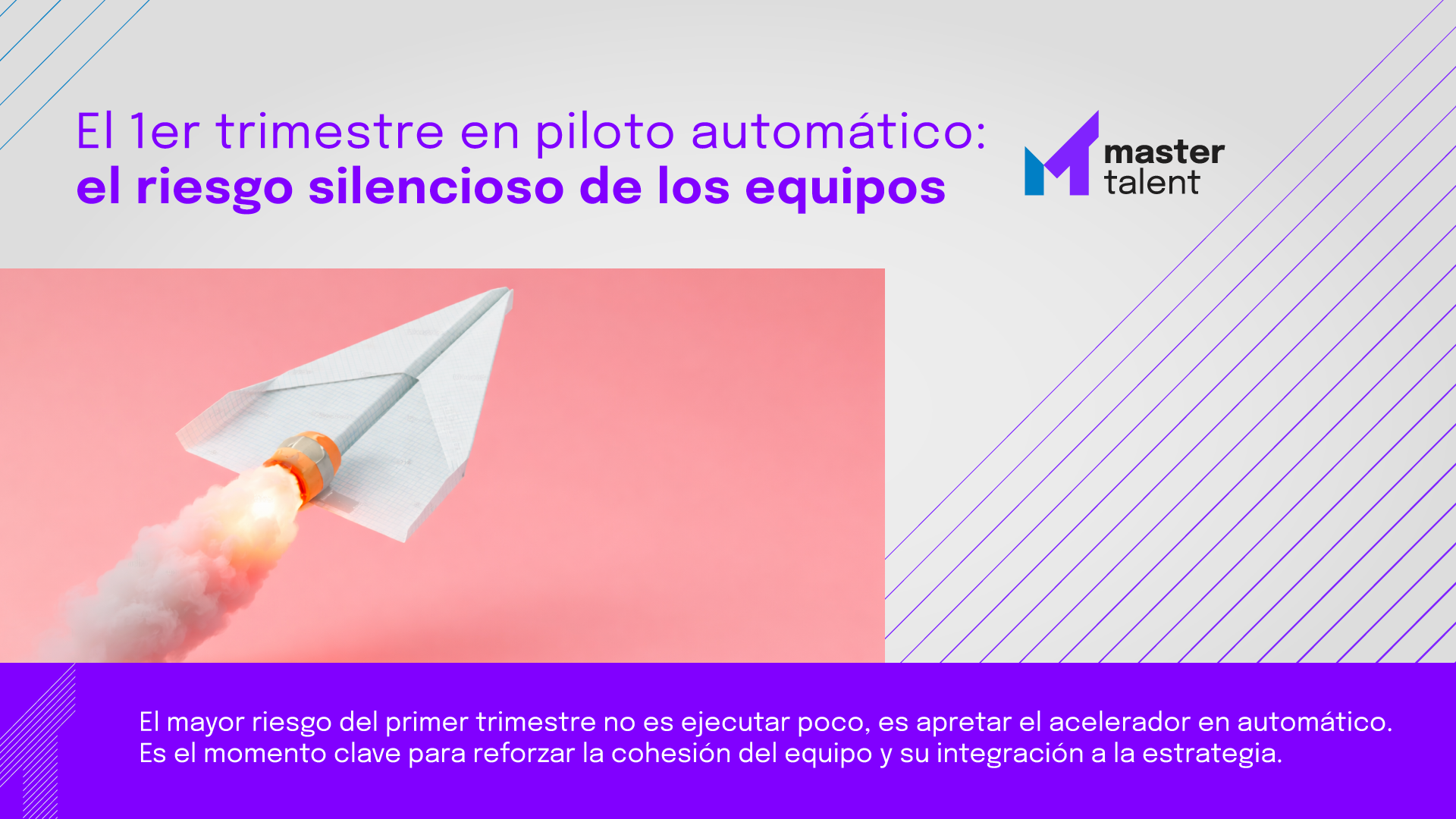 Avión de papel en 3D con propulsor encendido despegando sobre fondo rosado, representando el impulso estratégico y la alineación de equipos en el primer trimestre del año.